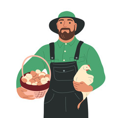 A farmer with a chicken and a basket of eggs in his hands. Vector flat illustration on a white background.