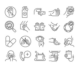 Medical care and covid 19 virus line style icon set vector design