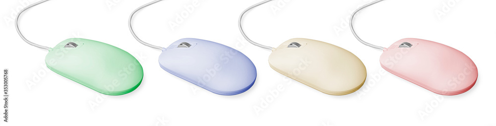 Wall mural modern computer mouse on white background, different color variants. banner design