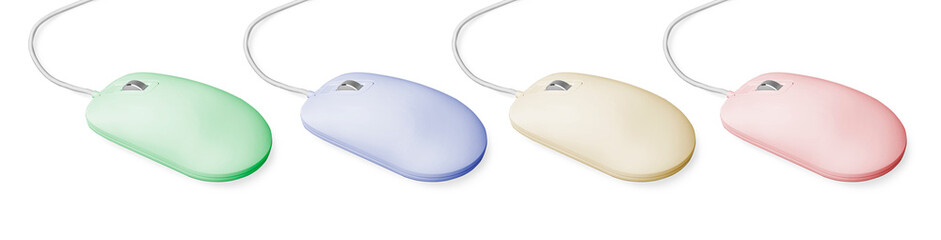 Modern computer mouse on white background, different color variants. Banner design