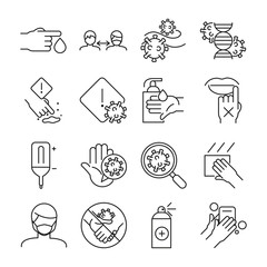 Fototapeta premium Medical care and covid 19 virus line style icon set vector design
