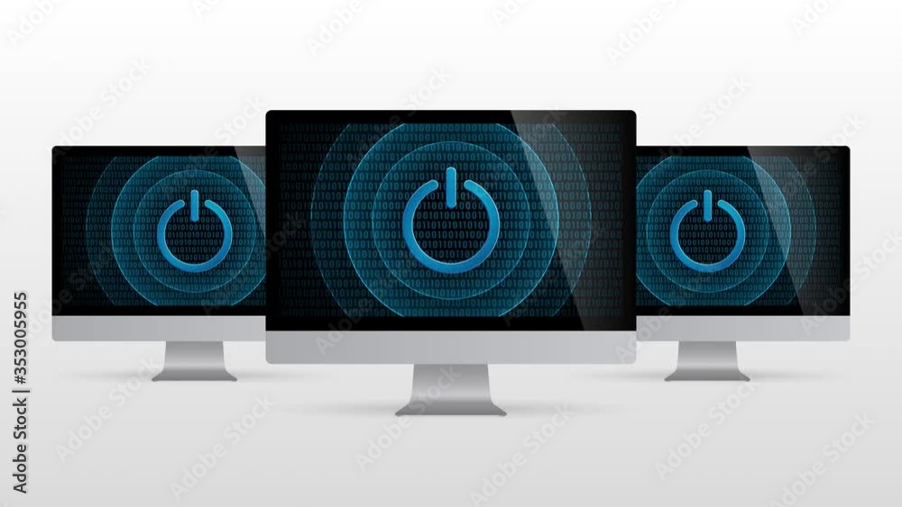 Poster computer device with power button. realistic desktop monitor with power symbol in screen and light g