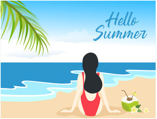 Hello summer lettering on red bikini woman sitting on the sea beach view vector illustration. Summer holiday concept background 