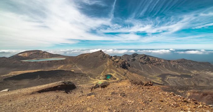 Tongariro National Park, New Zealand. Time laps of Emerald Lakes & Blue Lake from Red Crater summit. Includes 2 versions - 1 stationary and 1 with a digital pan using the full resolution of the image.