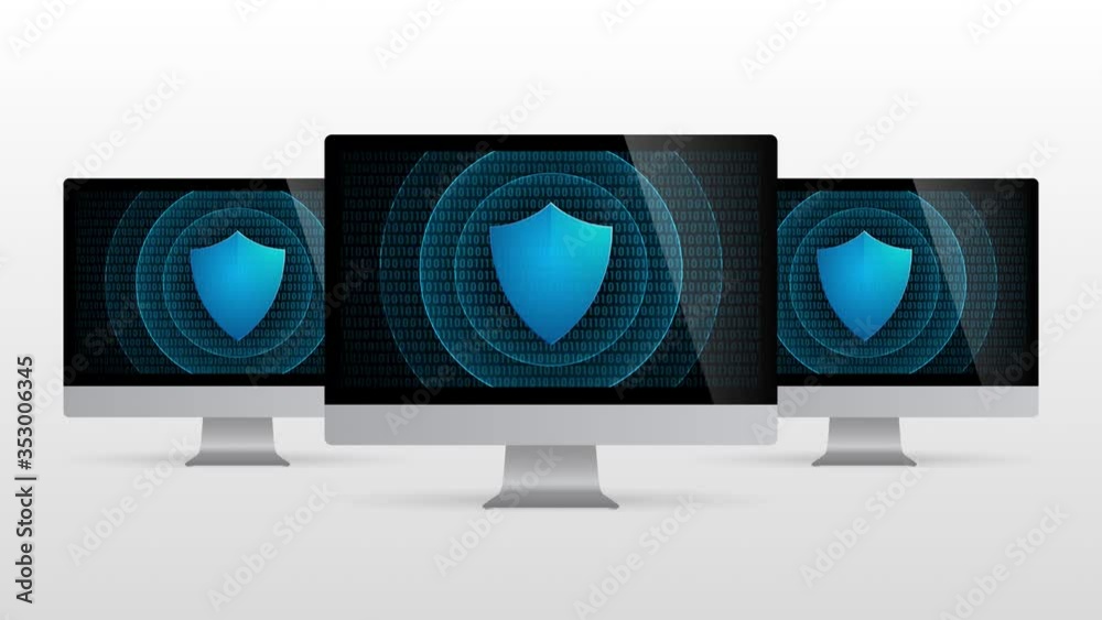 Poster computer device with antivirus protection. realistic desktop monitor with shield symbol in screen an
