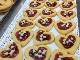 heart cookies with jam and white chocolate