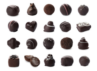 Set with different chocolate candies on white background