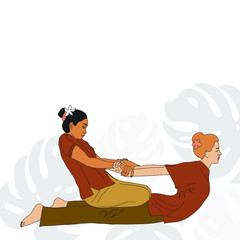 Thai woman doing Thai massage for a European woman. Spa in Thailand. Vector illustration. White background with tropical leaves.