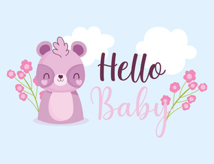 baby shower hello raccoon flowers celebration, welcome invitation template