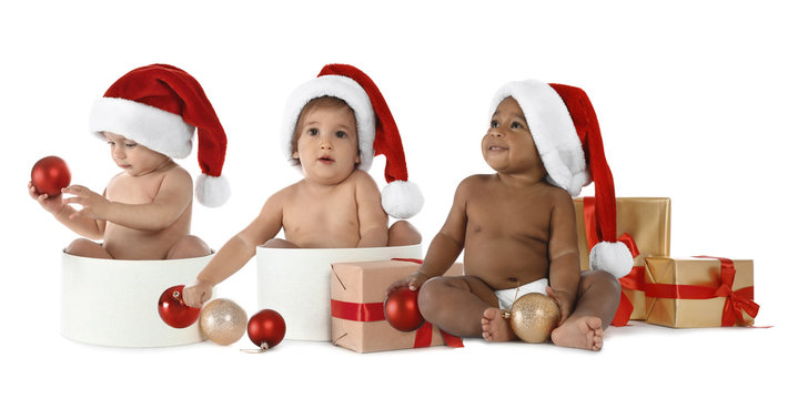 Collage with photos of cute babies wearing Santa hats on white background. Banner design