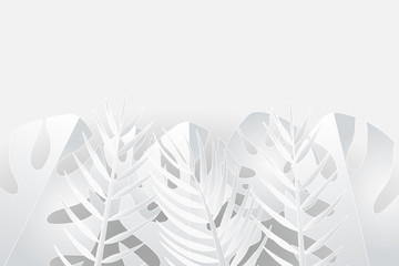 Tropical leaves in white and gray shades, summer background
