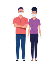 young couple using medical masks characters