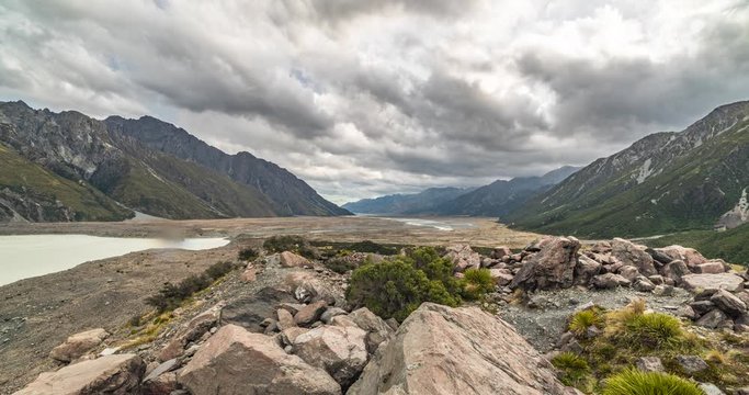 Aoraki / Mount Cook, New Zealand. Time lapse from Tasman Glacier Viewpoint facing Tasman river. Includes 3 versions - stationary, and digital pan/digital zoom out using full resolution of the image.