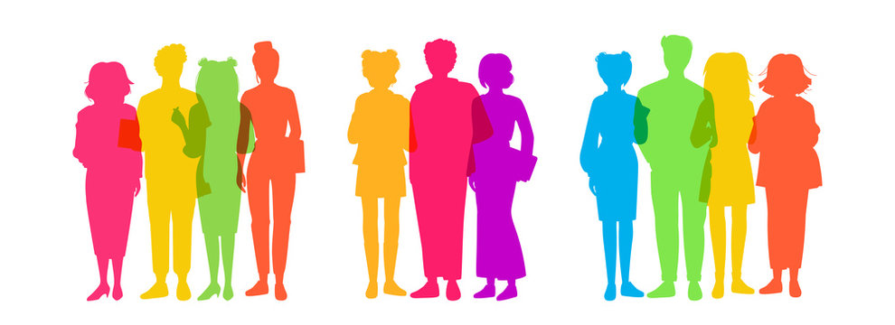 People overlay colorful business, student bright flat silhouette groups. Multicolored, group young man, womans casual clothes. Different nations representatives, gadgets in hand. Vector illustration