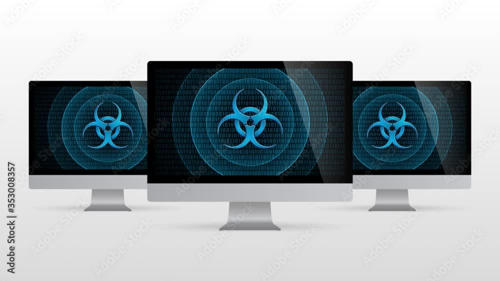 Poster computer device with virus attack. realistic desktop monitor with virus symbol in screen and light g