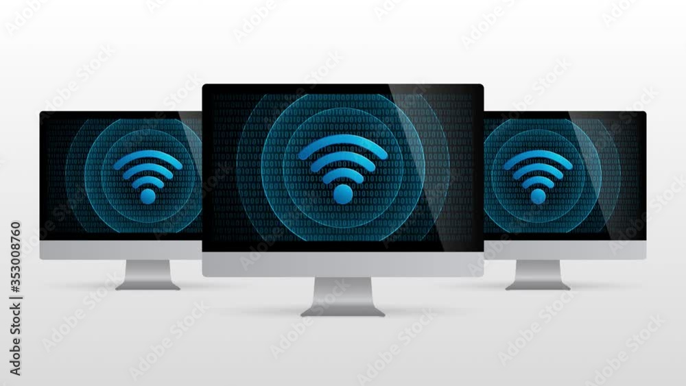 Poster computer device with wireless internet connection. realistic desktop monitor with wifi symbol in scr