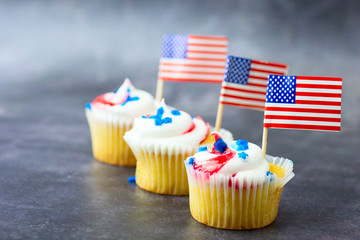 4th of July cupcakes made for the celebration of the Independence Day.   Horizontal orientation, space for text