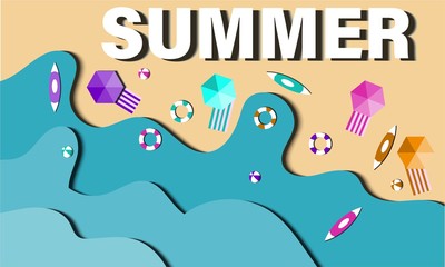 Hello Summer With Umbrella, Swim Rings, Beach Balls, Surfboards Paper Cut Design  Concept.Vector Design.