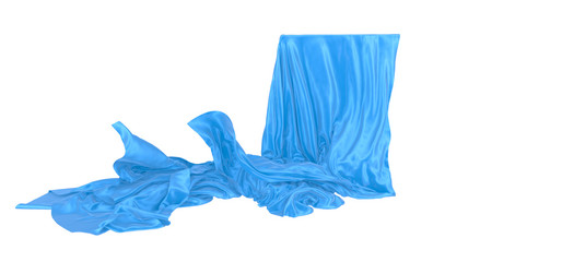 White blank rectangle covered with blue wavy silk or satin. 3d rendering image.