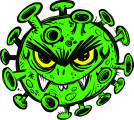 Evil cartoon disease virus with a nasty expression, fangs, and spores