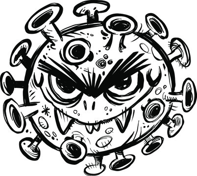 Evil Cartoon Disease Virus With A Nasty Expression, Fangs, And Spores