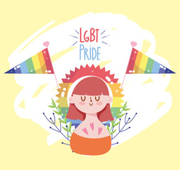 Girl cartoon with lgtbi flags and seal stamp with leaves vector design