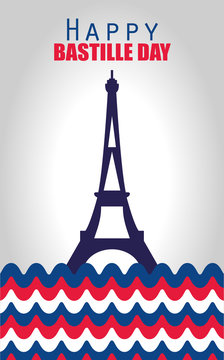 france eiffel tower with zig zag lines of happy bastille day vector design