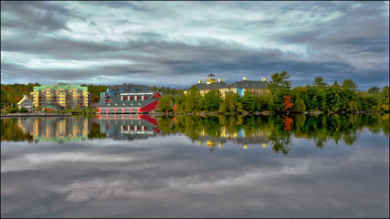 Gravenhurst, Ontario / Canada - 10/05/2008: water reflection of the buildings in the waterfront in...