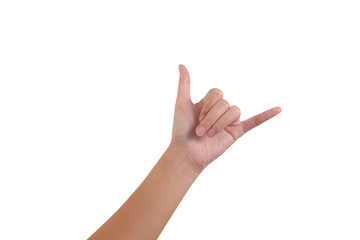 Woman hand in calling gesture on a white isolated background