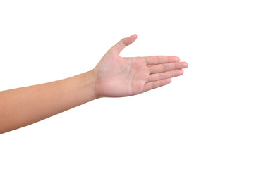 Woman open palm on a white background with clipping path included.