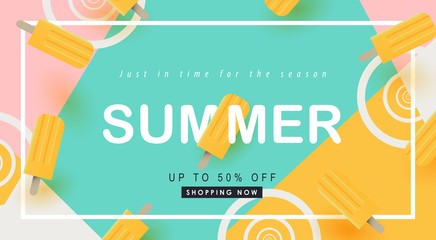 Summer sale design with pretty yellow ice cream Color background layout banner .Vector illustration template.