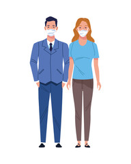 business couple using medical masks characters