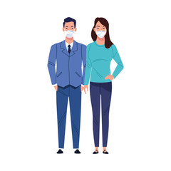 business couple using medical masks characters
