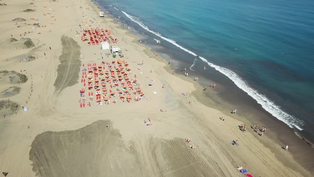 4K aerial view on the "El Veril" beach in the south of Gran Canaria in Spain, Canary Islands.