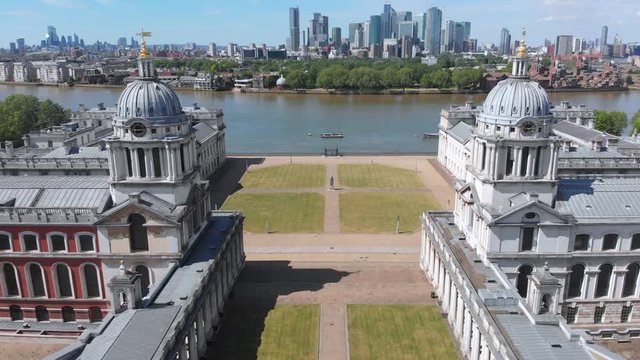 Dynamic Aerial Shot of The Two Towers at The Old Royal Naval Collage, a UNESCO World Heritage Site. Version Two.