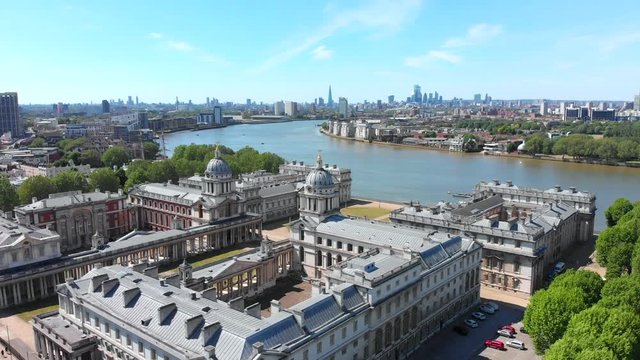 Drone Shot of The Old Royal Naval College and Thames River. Beautiful Summer Day.