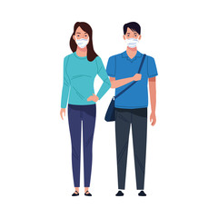 young couple using medical masks characters