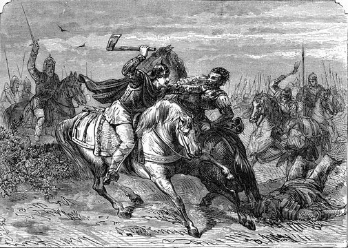 Glovis killing Alaric at the Battle of Voulon, vintage illustration.