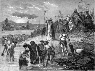 Charlemagne having the Saxons baptized in the Weser, vintage illustration. - obrazy, fototapety, plakaty