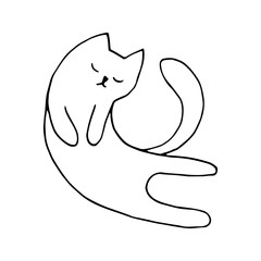 Adorable hand drawn cat sitting in yoga pose. Isolated on white background drawing for textile prints, child poster, cute stationery.