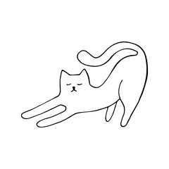 Adorable hand drawn cat sitting in yoga pose. Isolated on white background drawing for textile prints, child poster, cute stationery.