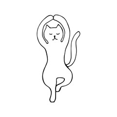 Adorable hand drawn cat sitting in yoga pose. Isolated on white background drawing for textile prints, child poster, cute stationery.