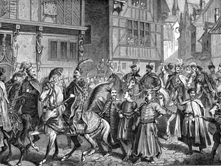 Entry of Polish ambassadors to Paris, vintage illustration.