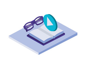 text book library with eyeglasses and play button