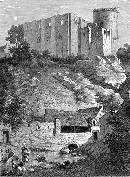 Castle of Falaise and Arlette fountain, vintage illustration.