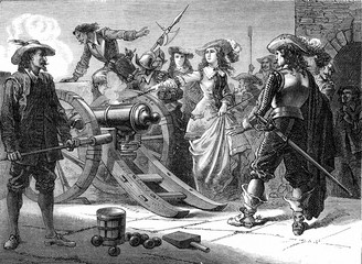 Mademoiselle turns the canons of the Bastille against the army of the king, vintage illustration.