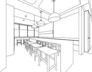 interior outline sketch drawing perspective of a space office