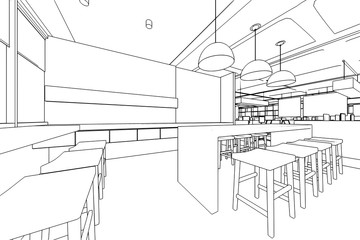 interior outline sketch drawing perspective of a space office