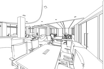 interior outline sketch drawing perspective of a space office