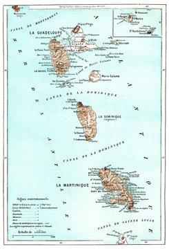 Guadeloupe and Martinique, vintage illustration.